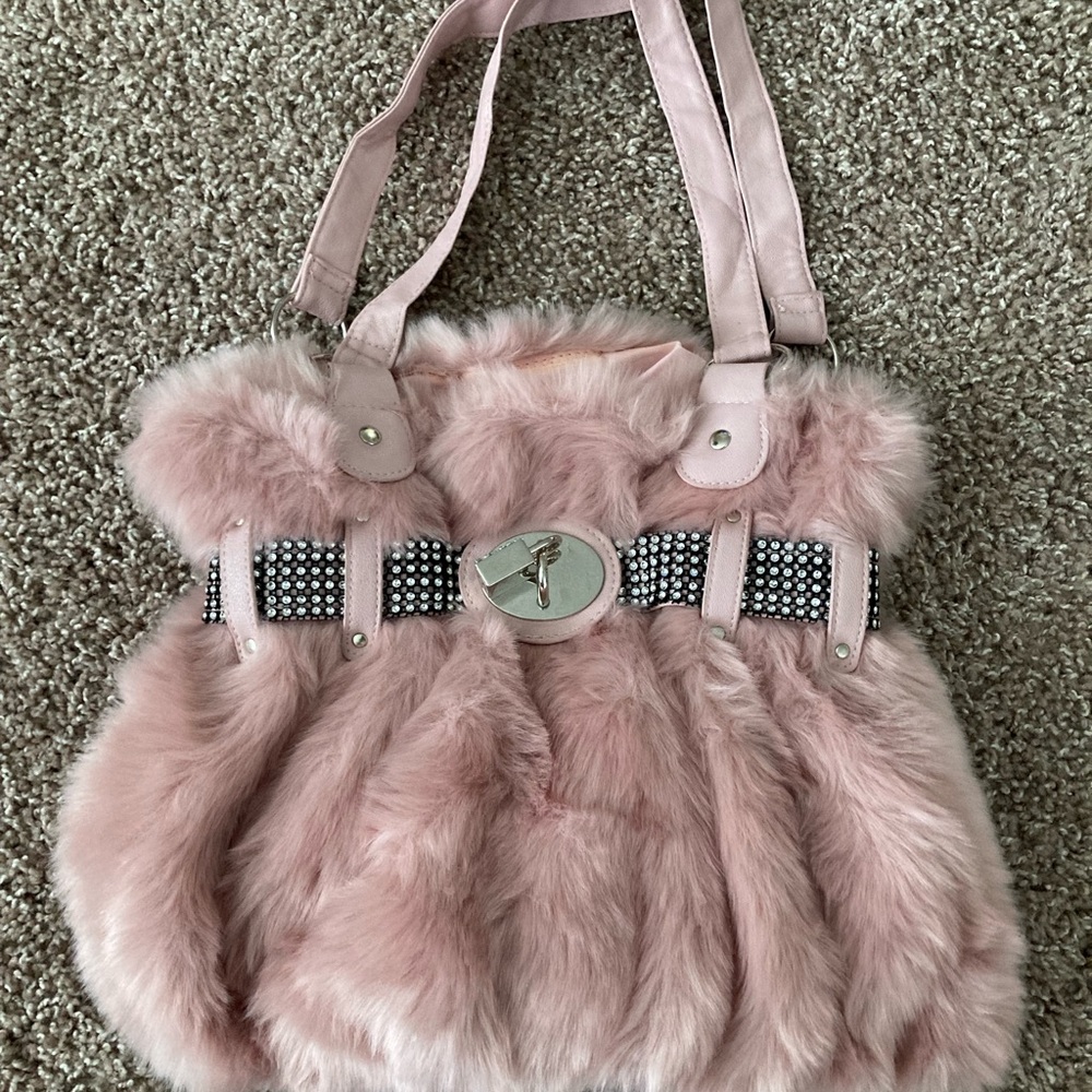 FUN Retro Pink Faux Fur Tote (soft!) w/ Silver & Crystal Accents - Like New!